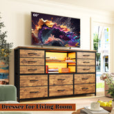 Snhomee 12-Drawer LED Dresser with USB Outlets - 60'' TV Stand for Bedroom & Living Room, Metal Frame Storage Cabinet 49''W x 35''H